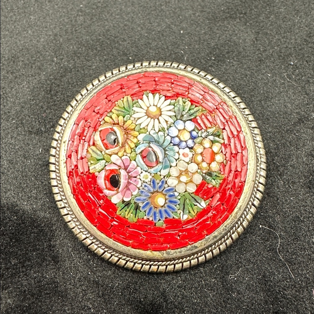 Vintage Italian Micro Floral Mosaic Brooch - Red and Silver